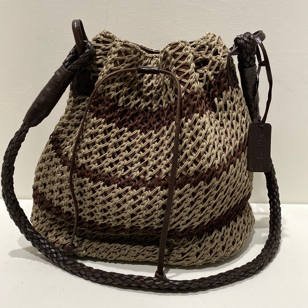 D’AUTORE Tan/Brown Woven String & Leather Drawstring Crossbody Bag